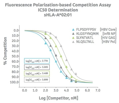 Fluoresence polarization-based competition assay to determine the IC50 of soluble HLA to specific peptides